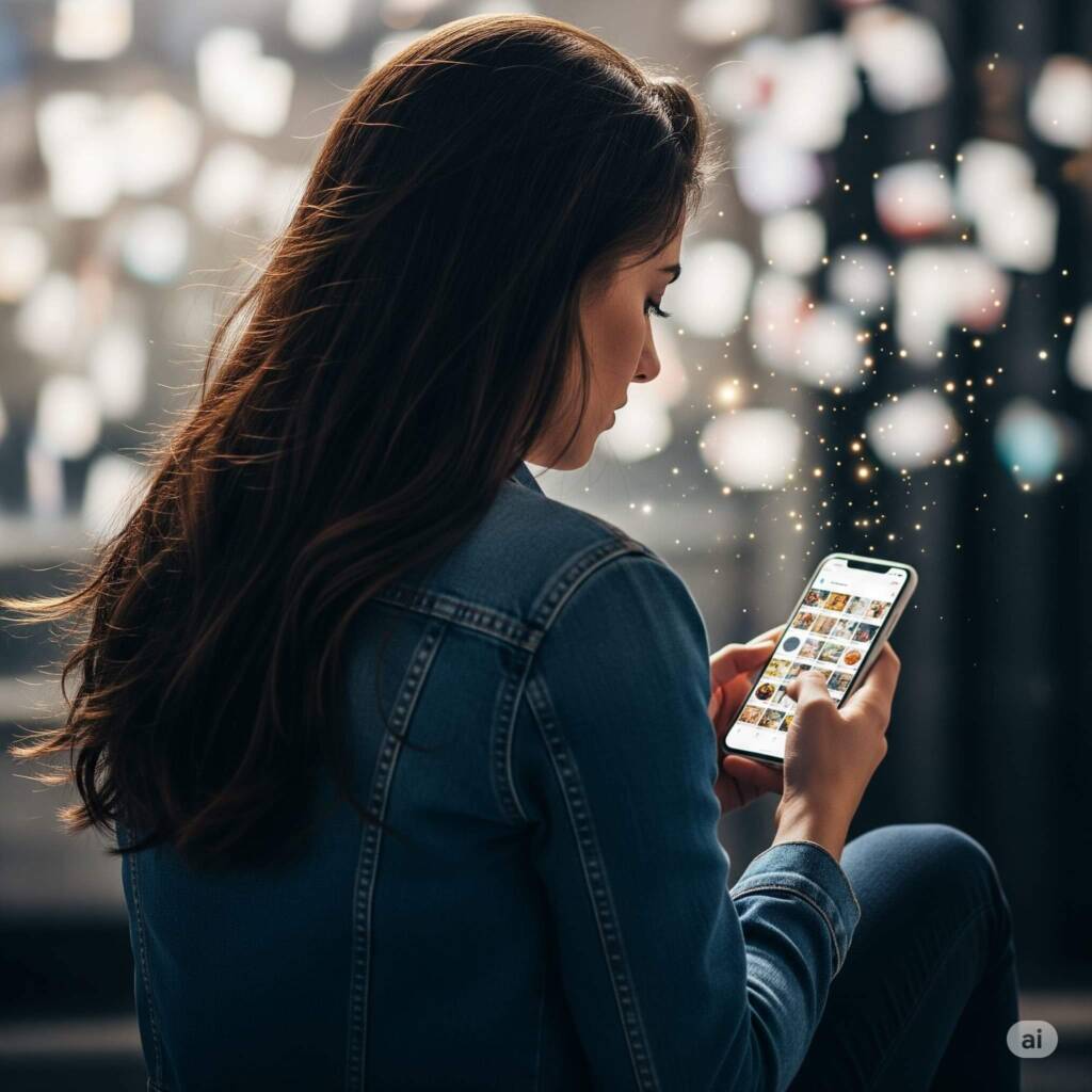 スマートフォンの画面を見つめる長髪の女性