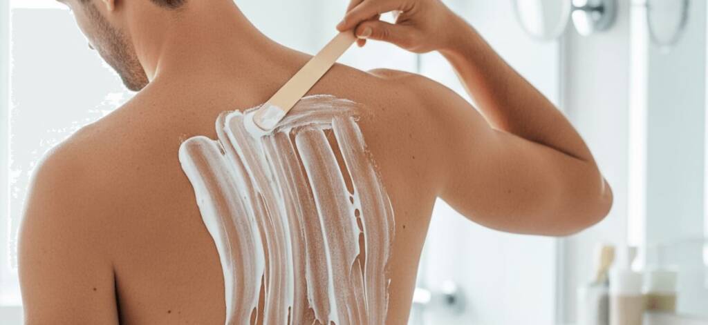 男性が除毛クリームを背中に塗ってセルフケアしている様子