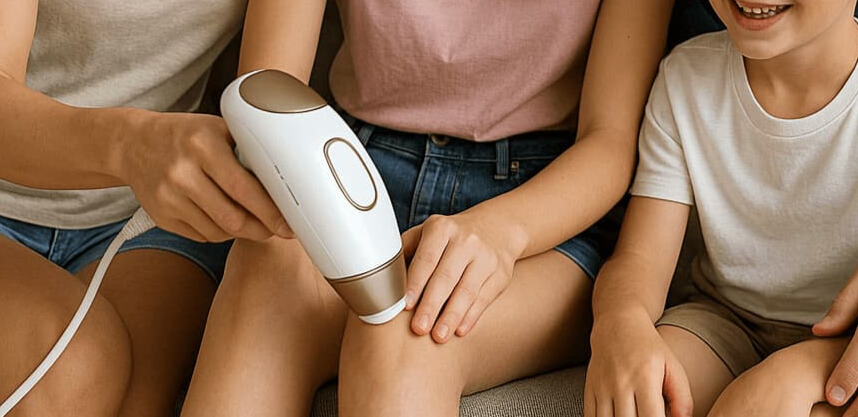 家庭用脱毛器を使って足のムダ毛をケアする親子の様子